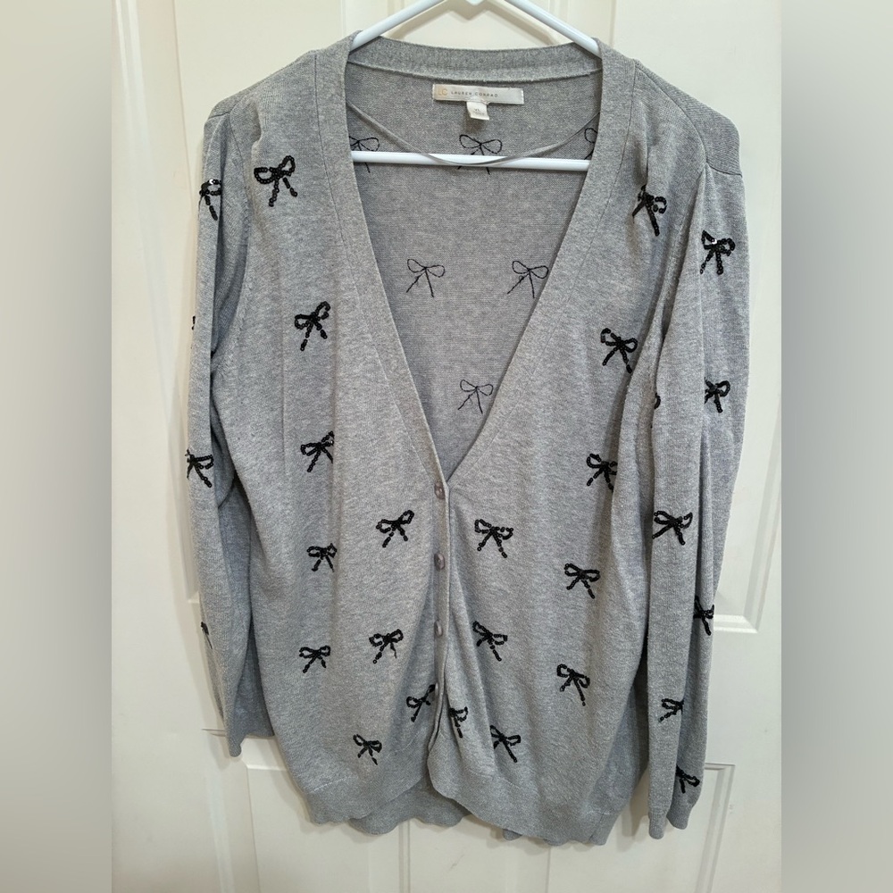 EUC LC Lauren Conrad Gray Cardigan with Black Sequin Bow Accents XL